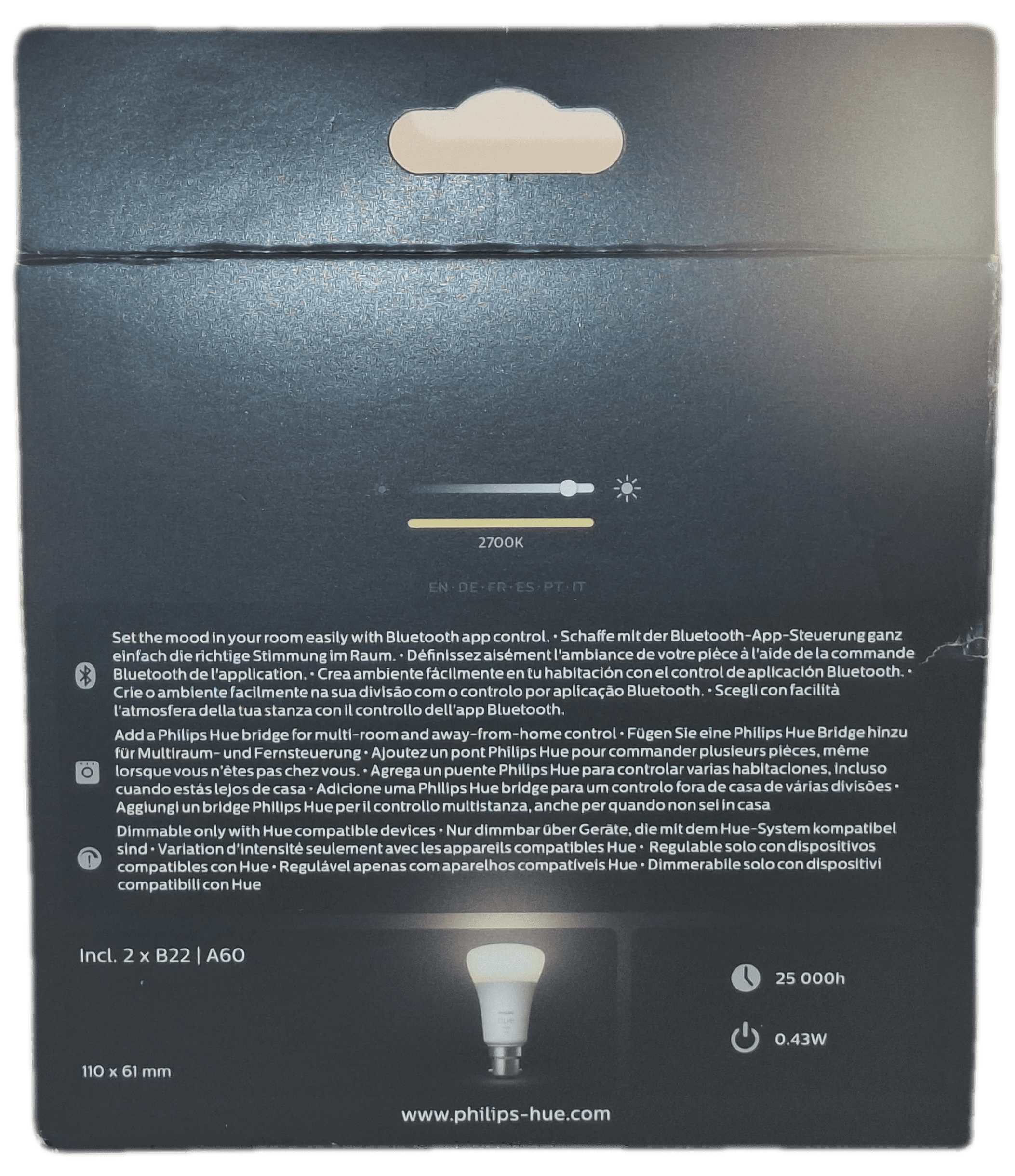 B22 Philips Hue White 2700k 1100 Smart Bulb (twin) back