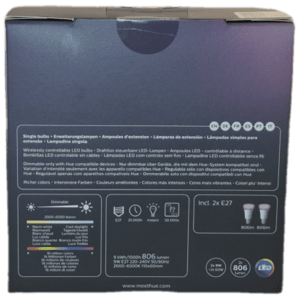 E27 Philips Hue Colour 2000-6500K 800 Smart Bulb (twin pack) back
