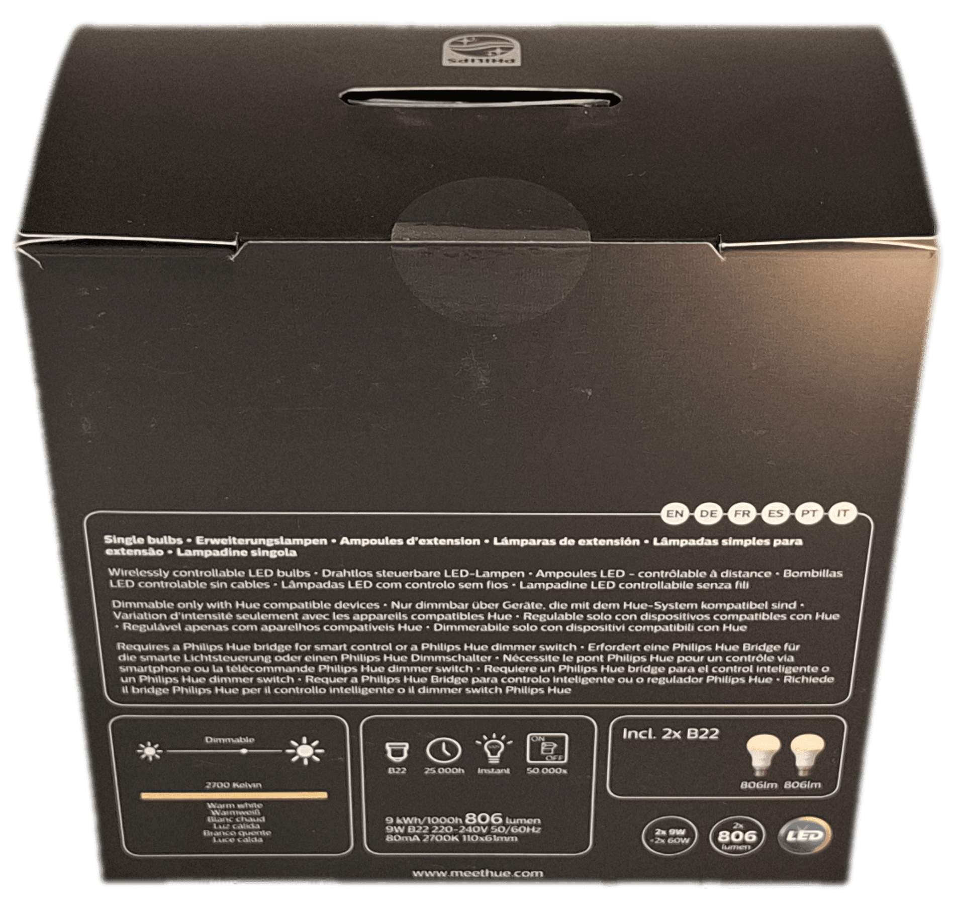 B22 Philips Hue White 800 Smart Bulb (twin pack) box back